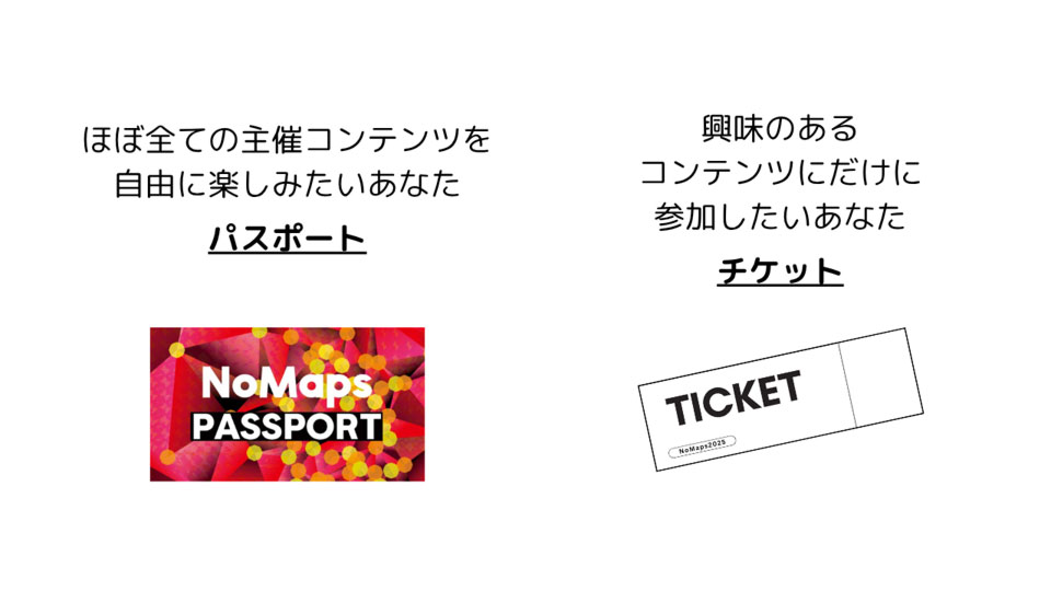 ほぼすべての主催コンテンツを自由に楽しみたいあなた「パスポート」、興味のあるコンテンツだけに参加したいあなた「チケット」